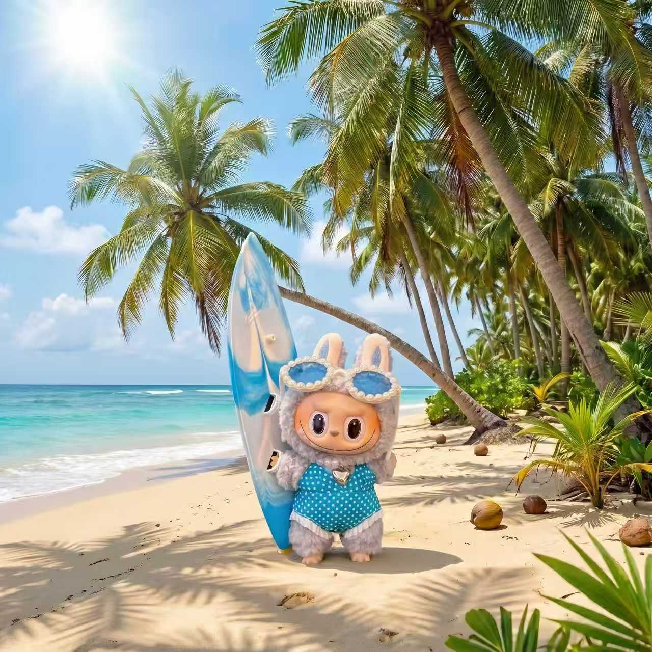 Handmade Labubu Doll Clothes Summer Beach - Blue Surfboard