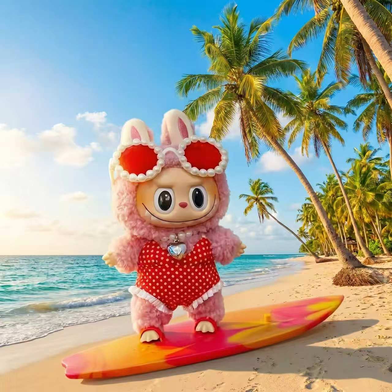 Handmade Labubu Doll Clothes Summer Beach - Red Surfboard