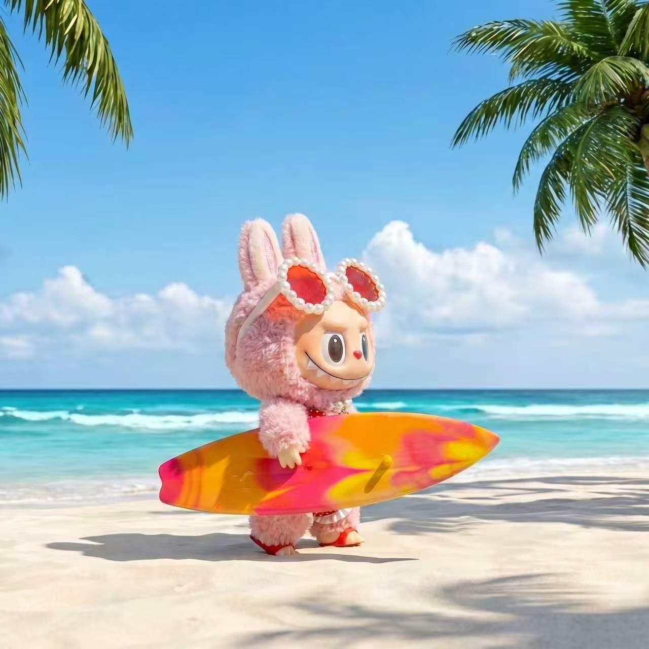 Handmade Labubu Doll Clothes Summer Beach - Red Surfboard