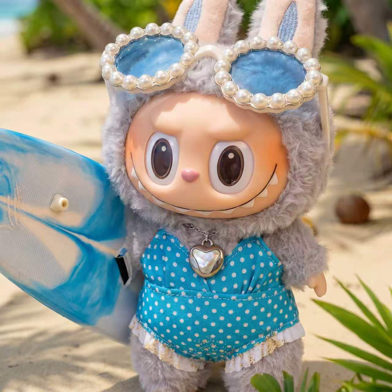 Handmade Labubu Doll Clothes Summer Beach - Blue Surfboard