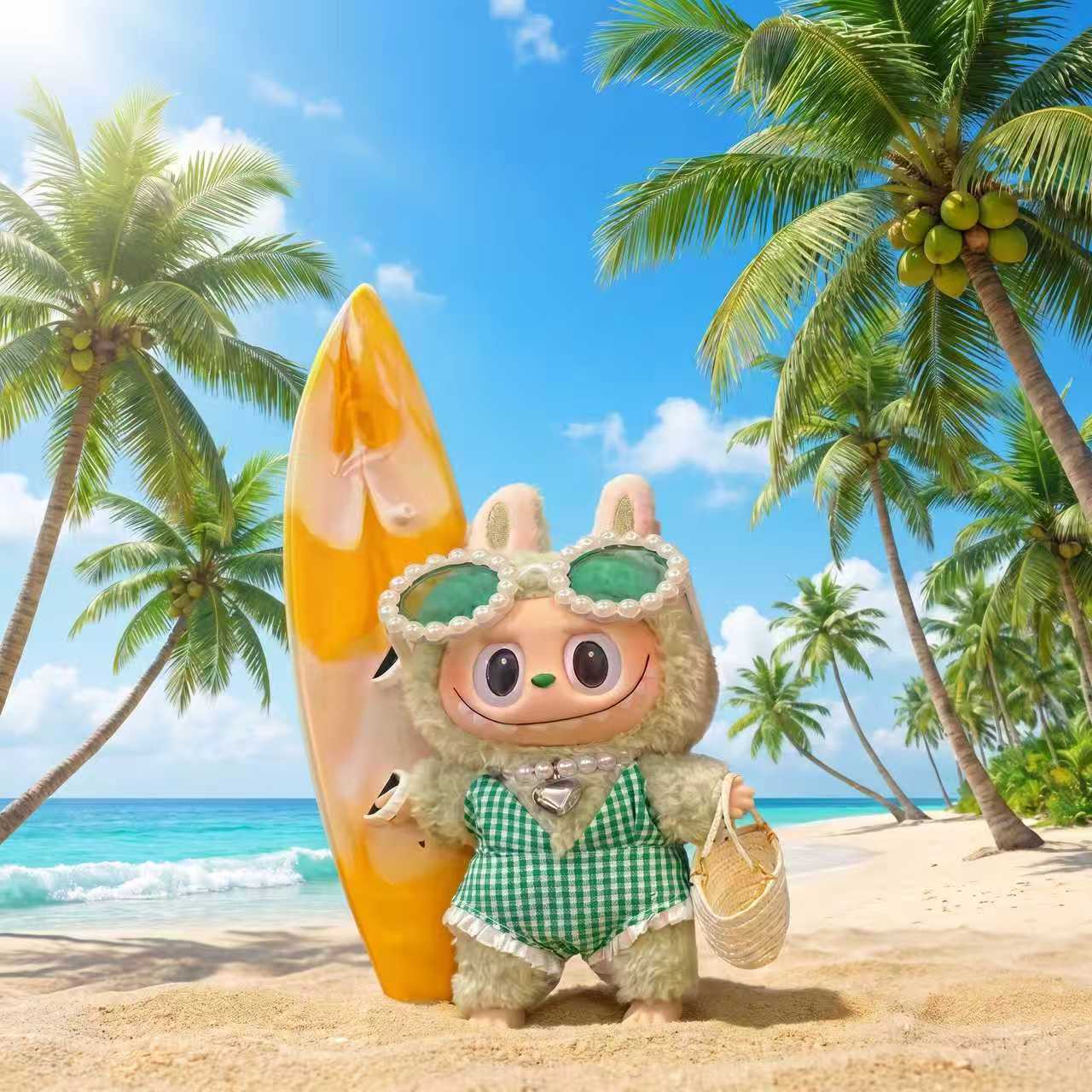 Handmade Labubu Doll Clothes Summer Beach - Green Surfboard