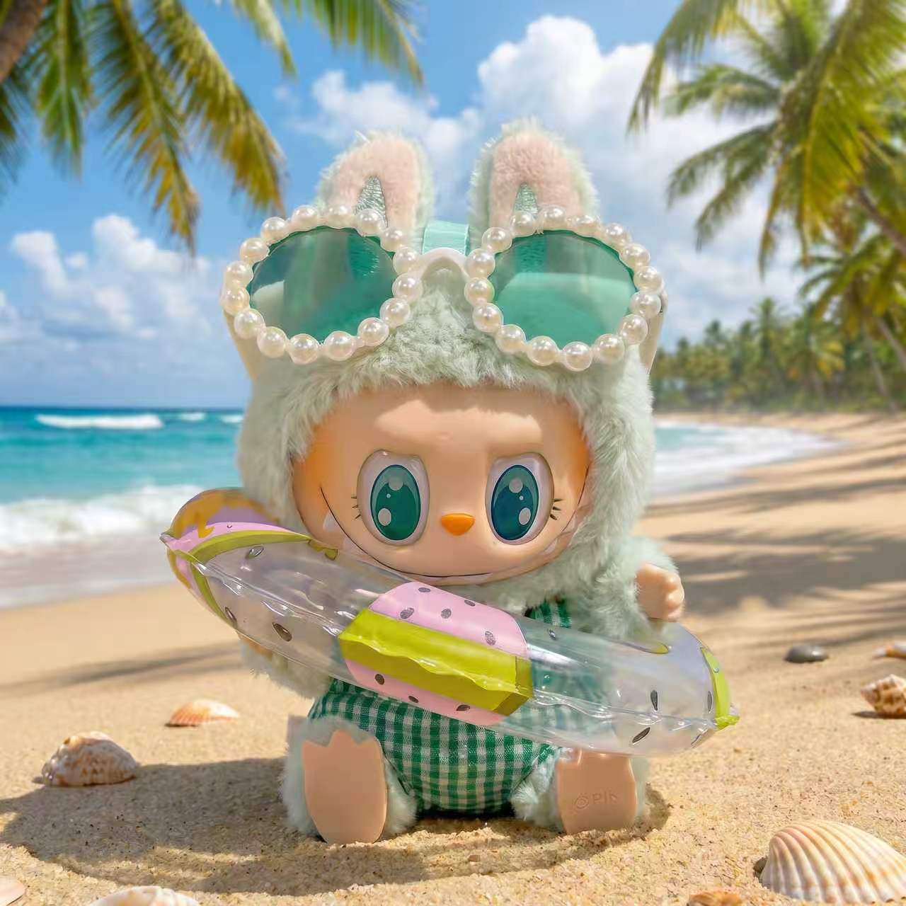 Handmade Labubu Doll Clothes Summer Beach - Green Sunglasses
