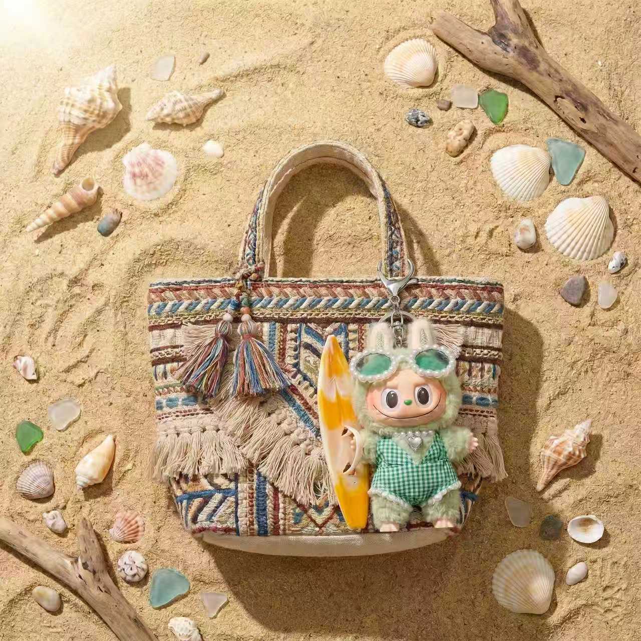 Handmade Labubu Doll Clothes Summer Beach - Green Surfboard