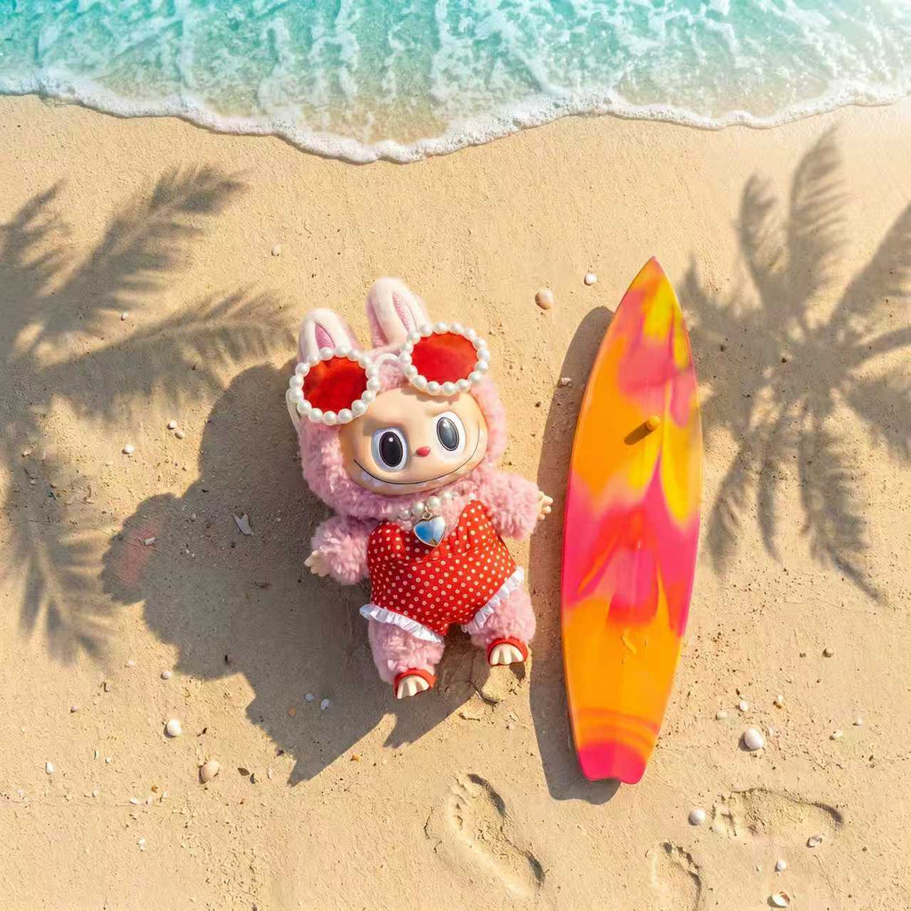 Handmade Labubu Doll Clothes Summer Beach - Red Surfboard