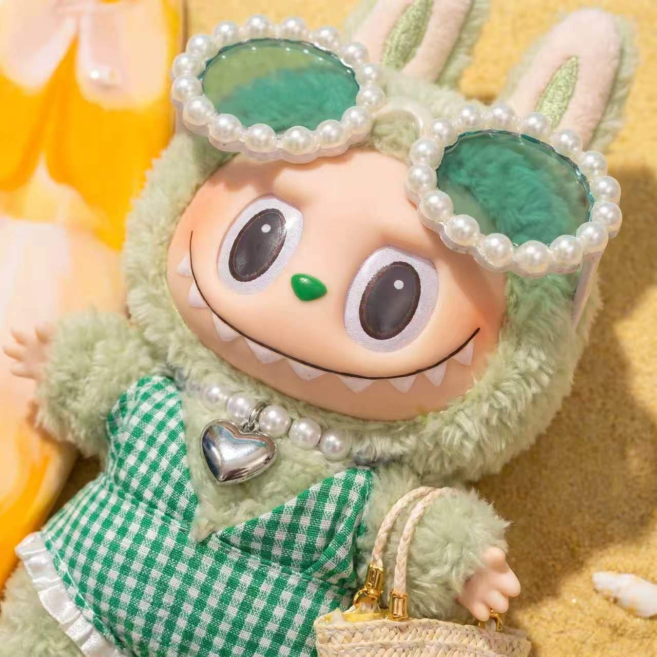 Handmade Labubu Doll Clothes Summer Beach - Green Surfboard